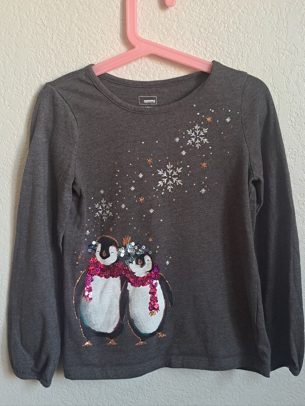 Sonoma Girls Gray Penguin Sequin Glitter Snowflake Longsleeve Top Size 6